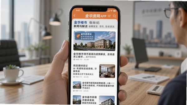 金华房网APP资讯页面展示金华楼市新闻与政策解读,手机界面设计,信息流布局,房产资讯场景