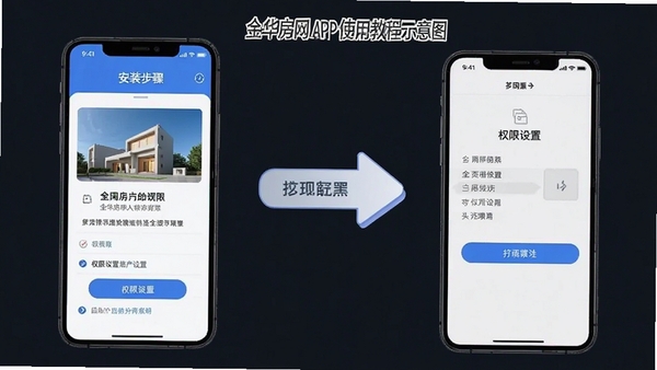 金华房网APP使用教程示意图,展示手机安装步骤与权限设置界面,清晰的操作指引风格