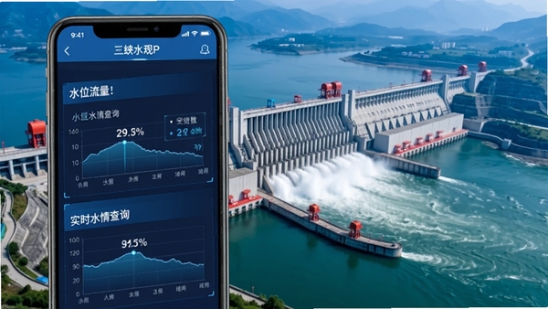 三峡水利APP实时水情查询界面展示,手机屏幕显示水位流量数据图表,背景为三峡大坝实景,科技感蓝色调,高清细节