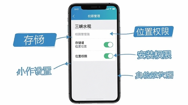 三峡水利APP安装权限设置示意图,手机屏幕显示权限管理界面,标注存储与位置权限开关,简洁明了的操作指引风格