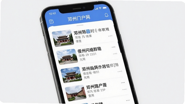 邓州门户网APP本地资讯界面展示,手机屏幕中呈现邓州新闻列表与便民信息板块,现代扁平化设计风格