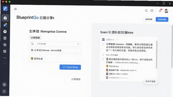 BlueprintGo云端分享界面,展示分享链接生成与团队批注留言功能