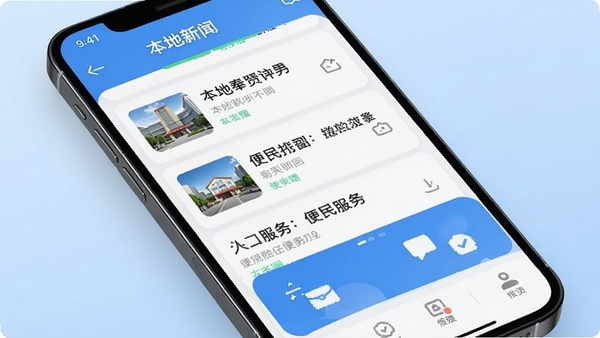 美谷奉贤软件界面展示本地新闻列表与便民服务入口,清新蓝色调,手机屏幕特写,现代UI设计风格