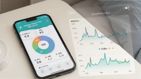 Oplayer Smart Life睡眠监测报告页面,展示深睡浅睡饼图与心率波动曲线,界面清爽蓝绿色调,手机放置于床头柜场景