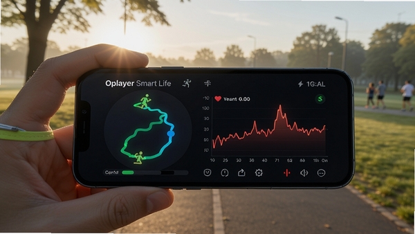 Oplayer Smart Life运动数据界面展示,手机屏幕显示跑步轨迹与心率曲线,背景为清晨公园场景,科技感与生活感融合