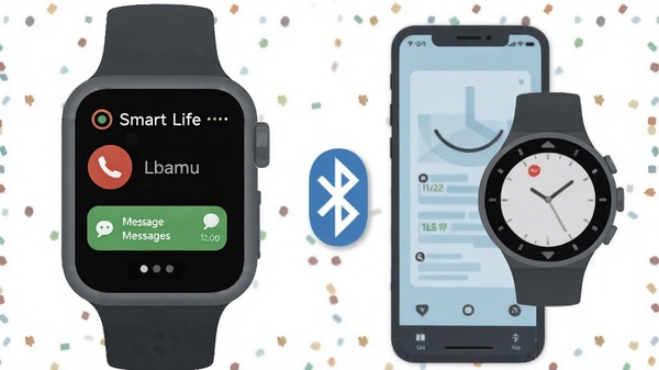 Oplayer Smart Life消息提醒功能示意图,智能手表屏幕显示来电与消息通知,手机与手表通过蓝牙连接图标相连,简约扁平化风格
