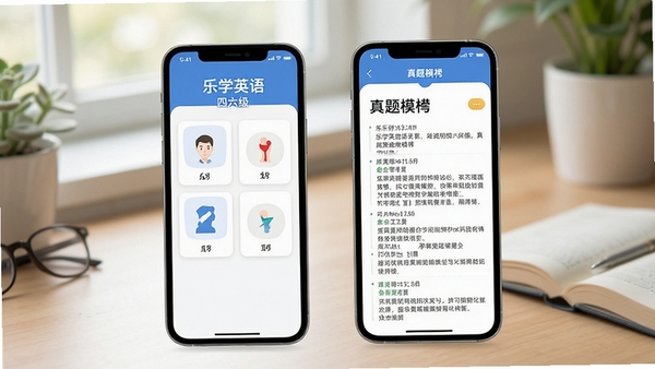 乐学英语四六级软件界面展示,手机屏幕中呈现词汇卡片与真题模考页面,简洁清新的学习场景,柔和自然光,扁平化设计风格