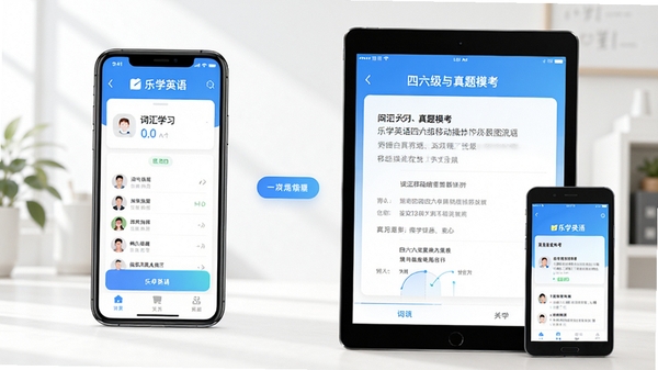 乐学英语四六级移动端操作界面示意图,展示词汇学习与真题模考切换流程,手机与平板多设备适配场景,明亮简洁的视觉风格