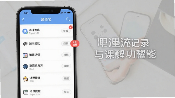 课消宝极简版消课记录与课时提醒功能展示图,手机界面显示消课流水列表和红色提醒标记