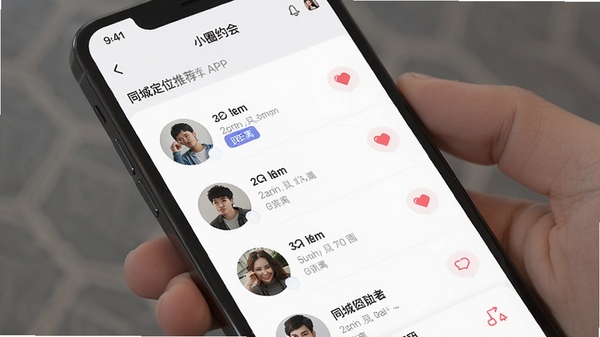 小圈约会APP同城定位推荐界面,手机屏幕展示附近用户列表与距离标签,现代简约社交应用UI风格