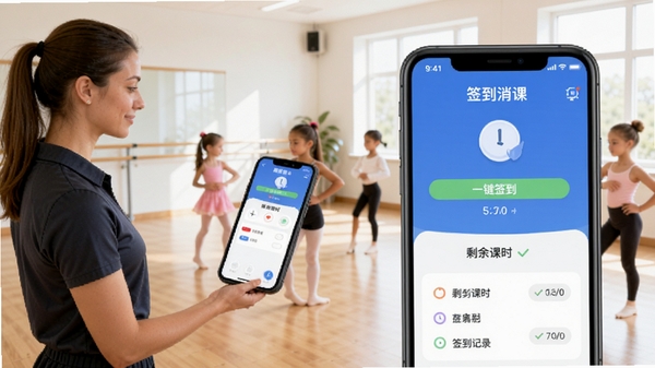 课消宝手机端签到消课界面展示,教练正在为舞蹈班学员一键签到扣减课时,界面清晰显示剩余课时和签到记录,背景为明亮的教室环境