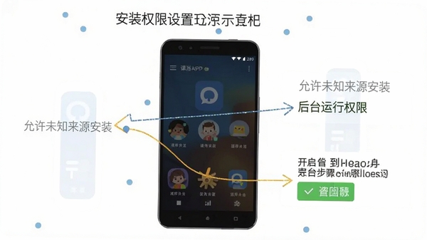 课消宝APP在安卓手机上的安装权限设置界面示意图,标注允许未知来源安装和后台运行权限开启步骤,画面简洁清晰