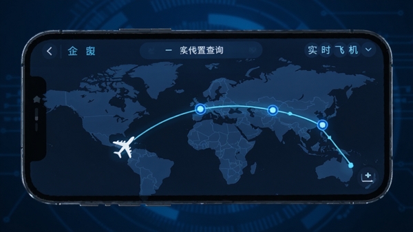 找飞机软件实时飞机位置查询界面AI生图,地图上显示飞机图标与飞行轨迹,科技感蓝色调,手机屏幕展示