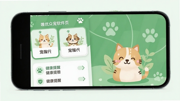 唯优众宠软件首页界面展示,手机屏幕中呈现宠物档案卡片、健康提醒列表与可爱猫狗插画,清新绿色调,扁平化设计风格