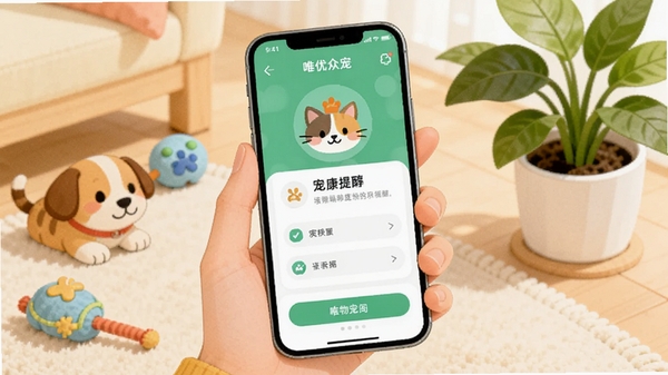 唯优众宠移动端使用场景插画,一只手拿着手机显示宠物健康提醒界面,旁边有猫狗玩具与绿色植物,温馨居家氛围