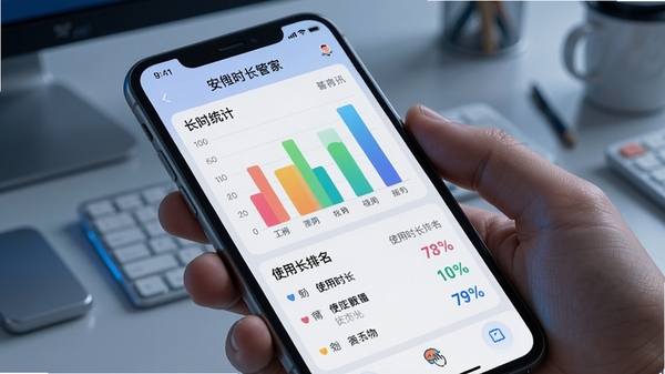 安利时长管家应用时长统计界面展示,手机屏幕显示彩色柱状图与使用时长排名,科技感UI风格