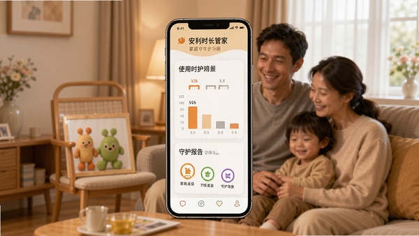 安利时长管家家庭守护功能界面,手机屏幕显示家庭成员使用时长对比与守护报告,温馨家庭场景配色