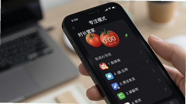 安利时长管家专注模式设置界面,手机屏幕显示番茄钟计时与屏蔽应用列表,深色护眼主题