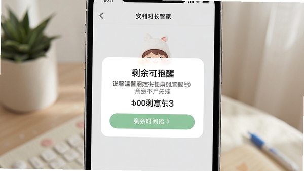 安利时长管家使用限额提醒弹窗界面,手机屏幕显示温馨提醒文案与剩余时间,简洁清新风格