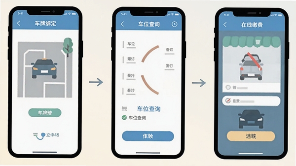 立方停车APP操作流程图,展示车牌绑定、车位查询、在线缴费三个步骤的手机界面截图,扁平化设计风格,浅色背景