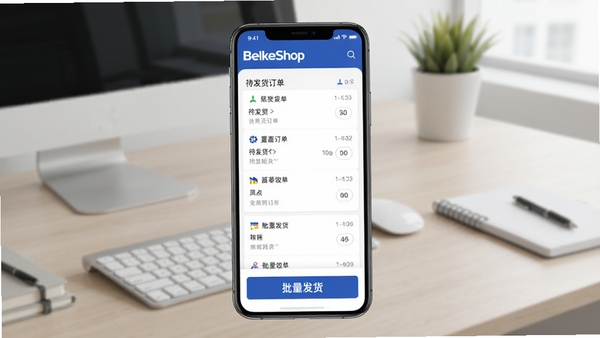 BeikeShop移动端订单处理流程示意图,手机界面展示待发货订单列表与批量发货按钮,背景为简洁办公桌面