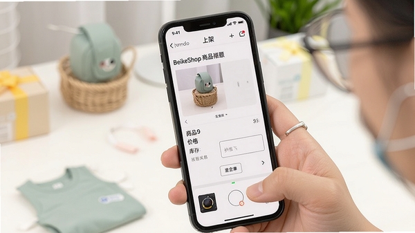 BeikeShop手机端商品上架界面,卖家手持手机拍摄商品,界面显示商品标题、价格、库存填写框,明亮简洁的电商风格