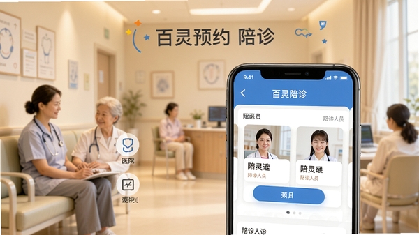 百灵陪诊应用首页展示陪诊预约界面,手机屏幕中呈现医院列表与陪诊人员卡片,背景为温馨医疗场景,突出便捷预约功能