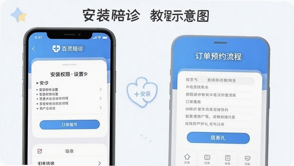百灵陪诊使用教程示意图,手机屏幕展示安装权限设置步骤与订单预约流程,画面简洁清晰,适合新手操作参考