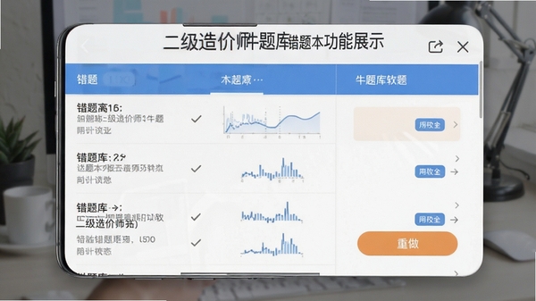 二级造价师牛题库软件错题本功能展示,手机界面呈现错题列表与重做按钮