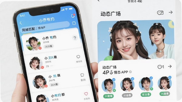 小乔有约APP界面展示,同城匹配列表与动态广场,年轻用户头像与兴趣标签,明亮清新的社交氛围