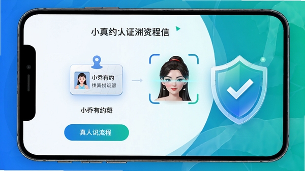 小乔有约APP真人认证流程界面,身份证与面部识别图标,安全盾牌元素,蓝绿色调突出信任感