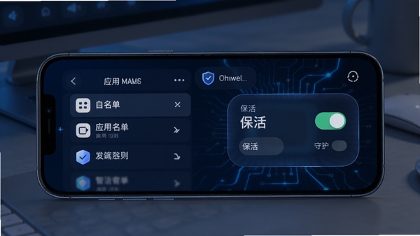 灵动常驻软件界面展示智能进程守护功能,手机屏幕显示应用白名单列表与保活开关,科技感蓝色调,简洁UI设计