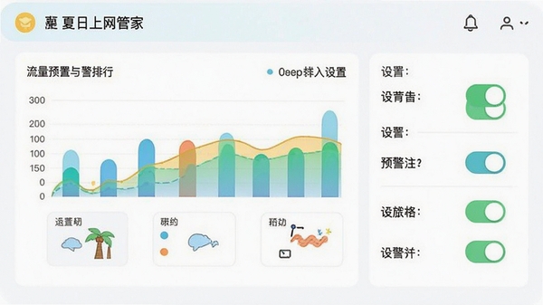 夏日上网管家应用流量排行与预警设置界面示意,展示彩色图表与设置开关,简洁明快的UI风格