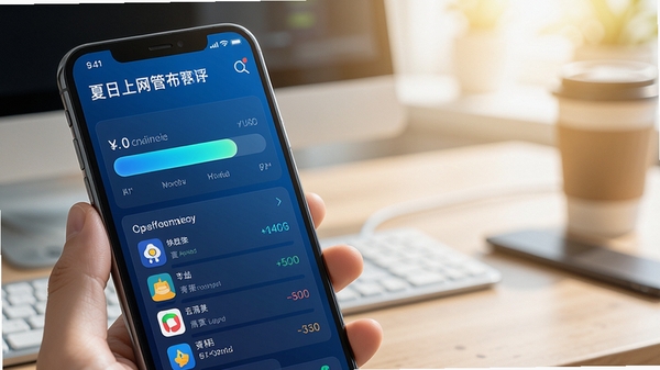 夏日上网管家实时流量监控界面展示,手机屏幕显示流量进度条与各应用消耗排名,科技感蓝色调