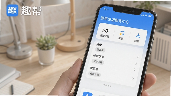 趣帮软件安卓手机界面展示图,清爽生活服务助手风格,主色调蓝白,突出便捷工具与任务中心,带软件名称趣帮