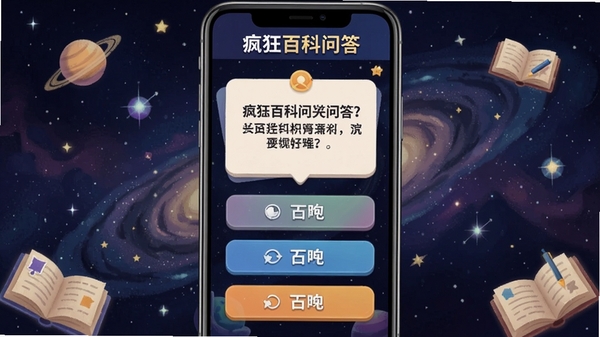 疯狂百科问答答题界面,题目卡片显示在手机屏幕中央,四个选项按钮排列整齐,背景为知识星空主题,包含软件名称疯狂百科问答字样