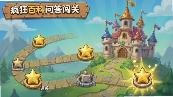 疯狂百科问答闯关地图界面,蜿蜒路径上分布多个关卡节点,已通关节点显示金色星星,当前关卡高亮闪烁,背景为卡通知识城堡