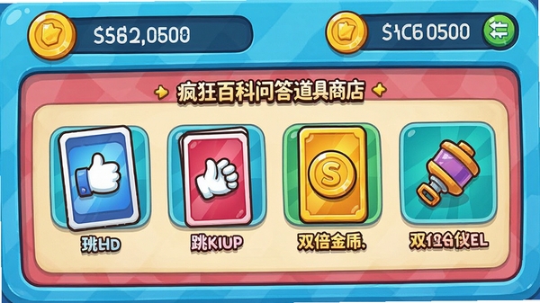 疯狂百科问答道具商店界面,展示提示卡、跳过卡、双倍金币卡等道具图标,金币余额显示在顶部,界面风格卡通可爱