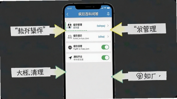 疯狂百科问答移动端设置界面截图,展示权限管理、缓存清理、通知开关等选项,手机屏幕周围有操作指引箭头,风格简洁清晰