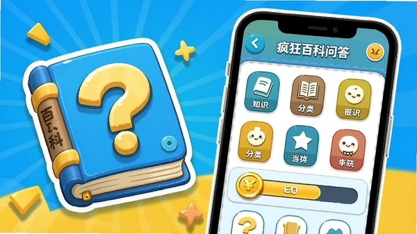 疯狂百科问答软件启动界面,卡通百科书本与问号图标,明亮活泼的蓝黄色调,手机屏幕展示答题闯关主界面,包含知识分类图标与金币进度条