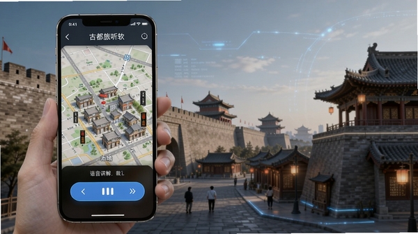古都旅听软件界面展示,手机屏幕显示古城景区地图与语音讲解播放按钮,背景为古都城墙与历史建筑,科技感与文化感融合