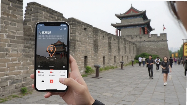 古都旅听移动端使用场景图,游客手持手机在古城墙下收听语音讲解,画面清晰展示APP播放界面与定位标识