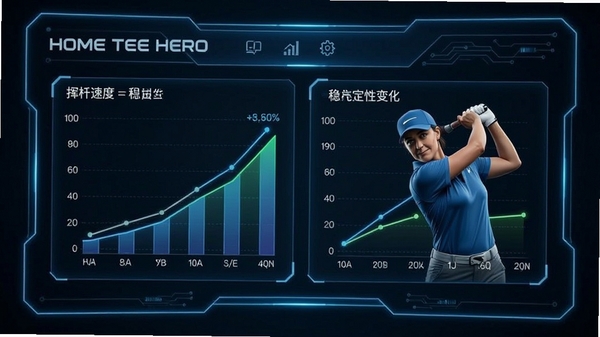 Home Tee Hero训练数据统计页面,图表展示挥杆速度与稳定性变化,科技感界面
