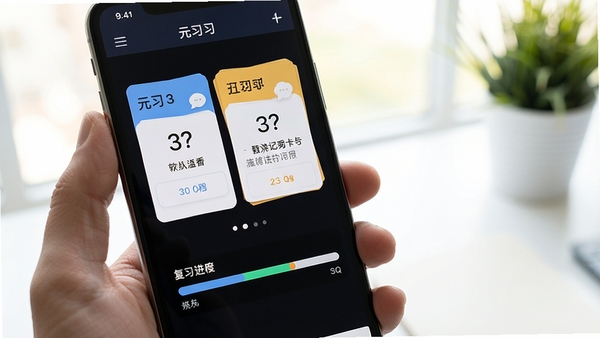 元习软件记忆卡片学习界面展示,手机屏幕中呈现问答卡片与复习进度条,背景简洁明亮