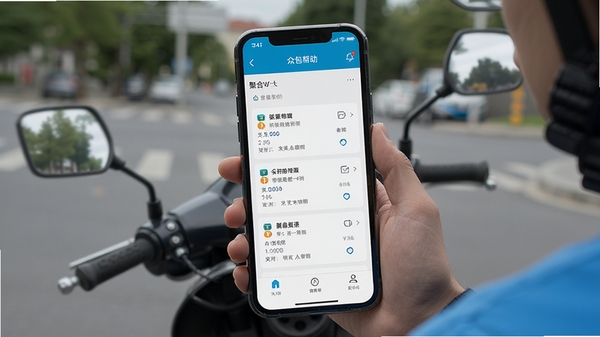 外卖配送众包帮手骑手在手机上查看聚合订单列表的界面截图,简洁现代风格