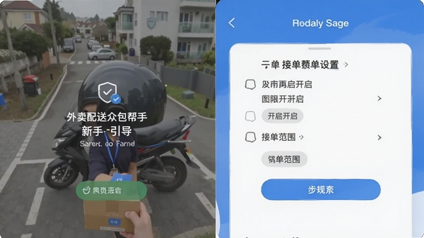 外卖配送众包帮手新手设置引导页面,展示权限开启与接单范围设置步骤