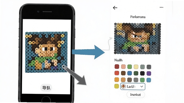 Perler拼豆图纸生成器像素豆画操作教程示意图,展示手机导入图片后调整像素颗粒与色卡设置的步骤画面,简洁明了的界面标注