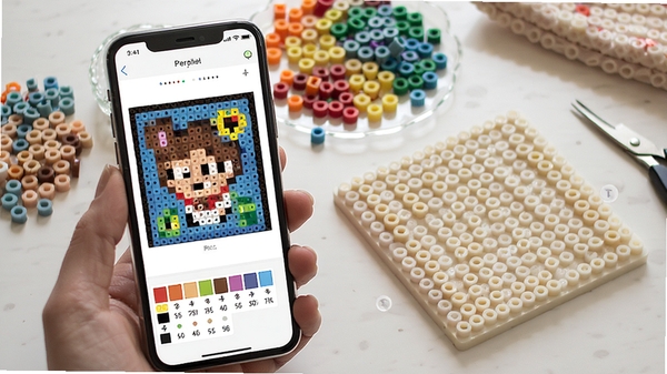 Perler拼豆图纸生成器像素豆画软件界面展示,手机屏幕上显示像素化拼豆图纸与色卡色号标注,桌面摆放彩色拼豆豆子和方形豆板,清新手工风格