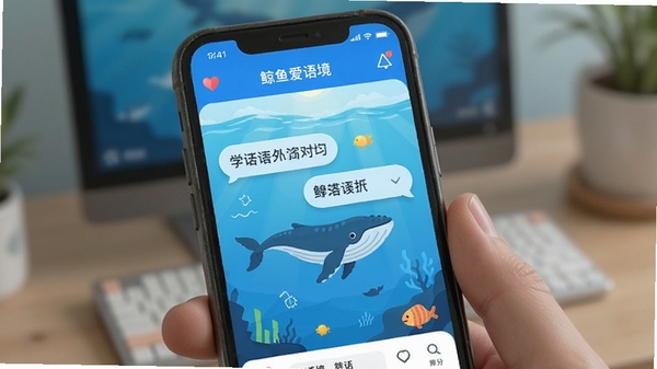 鲸鱼爱语境 英语学习APP 场景对话界面 手机屏幕展示 清新蓝色调 学习氛围