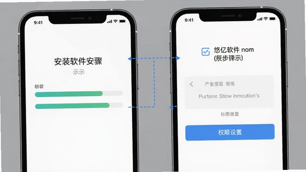 悠亿软件安装步骤示意图,手机屏幕展示安装进度条与权限设置界面,简洁清晰的教程风格配图